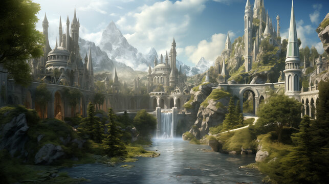 Elven Citadel, RPG, Fantasy City, Waterfalls, Generative AI