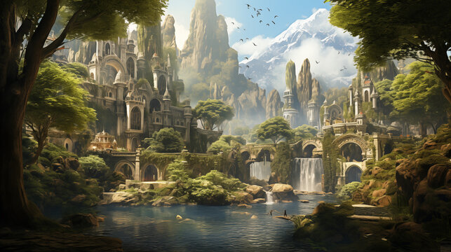 Elven Citadel, RPG, Fantasy City, Waterfalls, Generative AI
