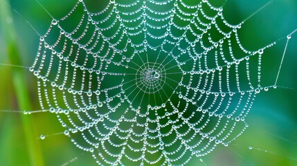 Naklejka premium Delicate and Intricate Spiderweb Adorned with Tiny Dewdrops Glistening in the Morning