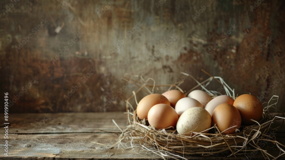 Poster still life of eggs on wooden surface with empty space for text