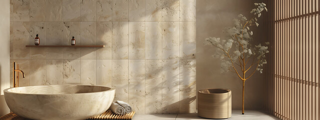 Zen Bathroom with Natural Stone Tiles Mockup 