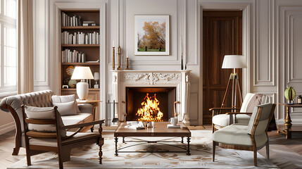 Traditional English Living Room with Fireplace Mockup 