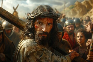 Fototapeta premium Sorrowful journey: Jesus Christ walking to Golgotha, bearing a heavy wooden cross on his shoulders, his face reflecting suffering and fatigue in this poignant religious depiction.