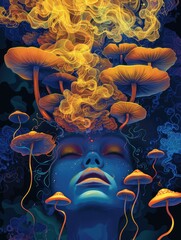 Whimsical psychedelic girl in a groovy cartoon world, surrounded by vibrant mushrooms, a surreal trip into the depths of imagination
