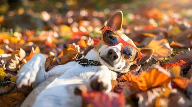The image shows a cool dog wearing sunglasses, lounging amidst piles of vibrant autumn leaves on a warm sunny day, epitomizing a laid-back and contented outdoor experience.