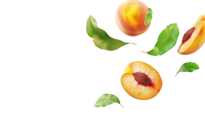Fotografia di pesche volanti con foglie su sfondo trasparente. Fresche, succose, ideali per l'estate.