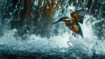 A stunning kingfisher bird captured mid-air as it gracefully ascends from a splashing river, with a cascading waterfall in the background creating a dynamic scene.
