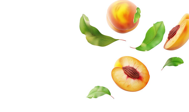 Fotografia di pesche volanti con foglie su sfondo trasparente. Fresche, succose, ideali per l'estate.