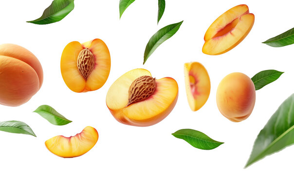 Fotografia di pesche volanti con foglie su sfondo trasparente. Fresche, succose, ideali per l'estate.