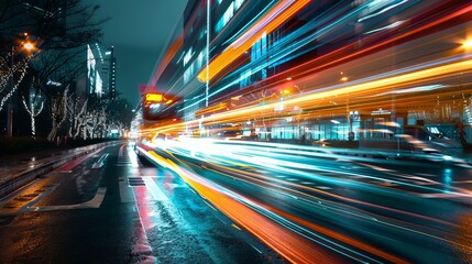 A stunning capture of city traffic at night, with vivid light trails of vehicles creating an...