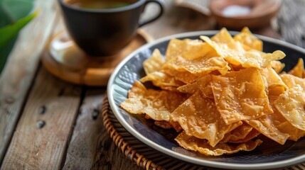 Indonesian snack Tempe Chips with tea on ceramic plate selective focus