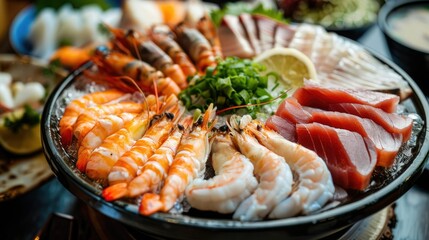 Assorted seafood and vegetables on a Shabu plate, perfect for hot pot
