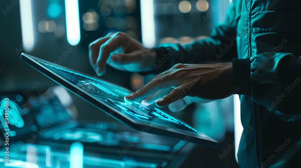 Poster man using a futuristic digital tablet while working on a project, highlighting advanced technology a