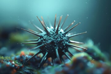 A spiky sea urchin in an ultramodern, supernatural scene, with copy space