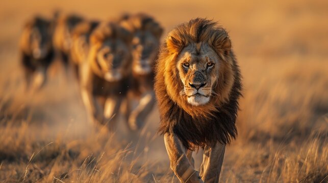 A commanding male lion in the foreground, leading a pride of lions across the sunlit savannah, symbolizing strength and unity amid the golden landscape and the horizon.