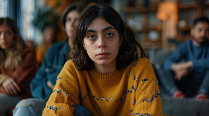Sad Depressed Woman at Support Group Meeting for Mental Health and Addiction Issues, Emotional Support Session, Mental Health Care, Addiction Recovery, Group Therapy, Support Network