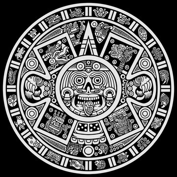 Hand drawn white on black Aztec calendar, vector illustration. cool for t-shirt, emblems, patch, sticker, etc