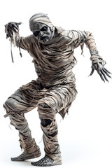 Fototapeta premium Portrait of Walking Scary Mummy Pose, Halloween Cosplay, Clamber Acting, Isolated on White Background, Spooky Mummy Costume, Eerie Halloween Character, Creepy Costume, Horror Theme, Dramatic Mummy