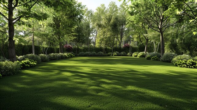 A serene garden scene showcasing verdant grass and neatly arranged shrubs, surrounded by tall trees, with sunlight filtering through the leaves, creating a peaceful ambiance.