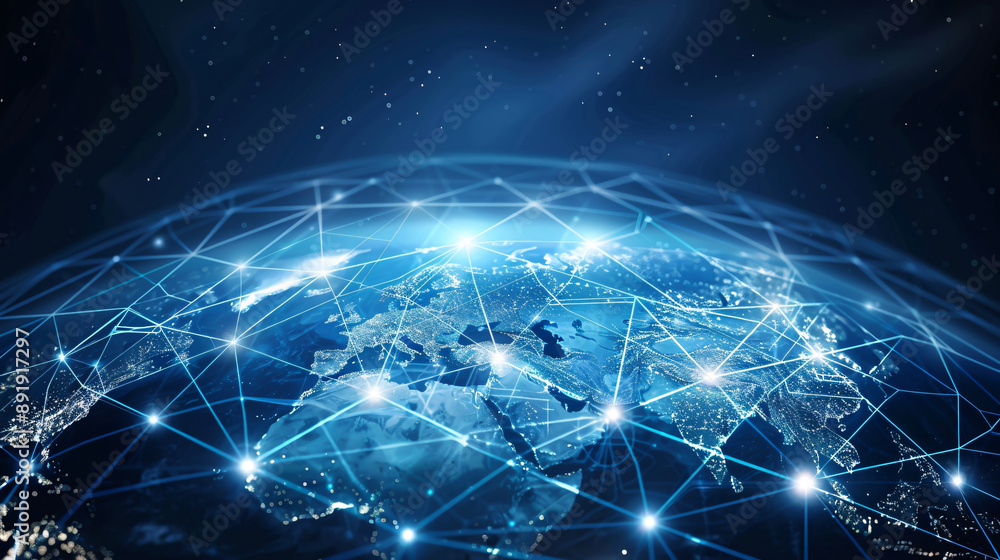 Poster a conceptual map grid illustrating the connection of planet earth through a global network design. t