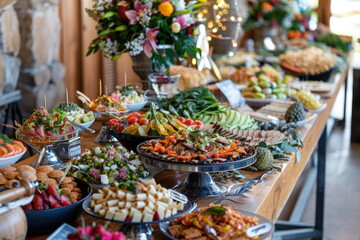 buffet foods on long table, Celebration, luxury food
