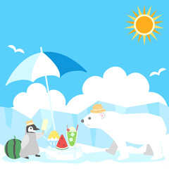 暑中お見舞いや夏イメージに使えるペンギンとシロクマの可愛いイラスト　アスペクト比1：1バージョン