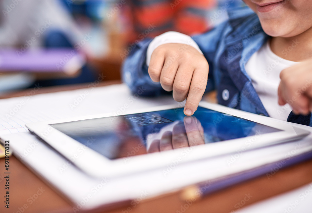 Sticker Tablet, school and hands of kid in classroom for online learning, studying and knowledge. Education, academy and young child on digital tech screen for lesson, development and research on internet