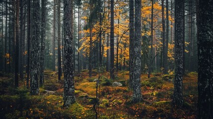 A misty forest in autumn, adorned with tall trees and vibrant yellow and orange foliage that creates a peaceful and serene atmosphere, offering an escape into nature's beauty.