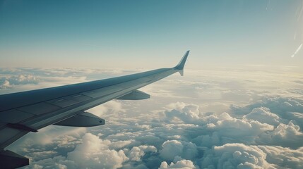 Obraz premium Exterior shot from a plane window showing a wing, clouds beneath, and the Earth's curvature in high altitude air
