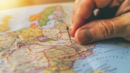 Naklejka premium Female hand pushing a pin on a detailed map, marking travel destinations for navigation