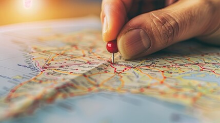 Naklejka premium Female hand using a pin to mark a location on a map, highlighting travel planning and logistics