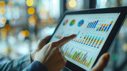 Businessman Hand Pointing at a Tablet Screen Displaying Graphs and Charts, Studies Charts on a Tablet, Exploring Financial Trends on a Tablet, bokeh effect background