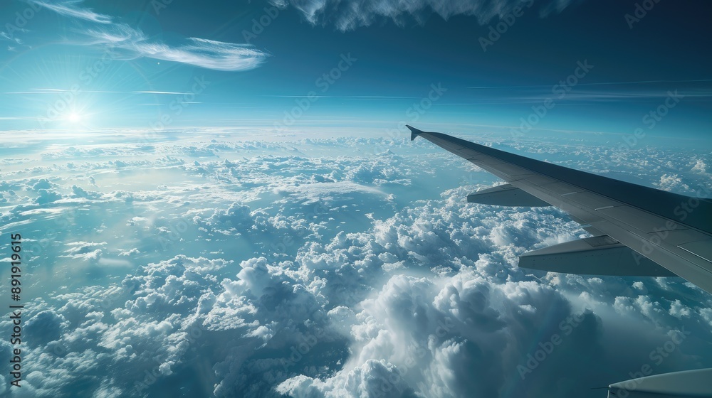 Poster high-altitude view from a plane with wing, clouds, and earth's curve visible through the window