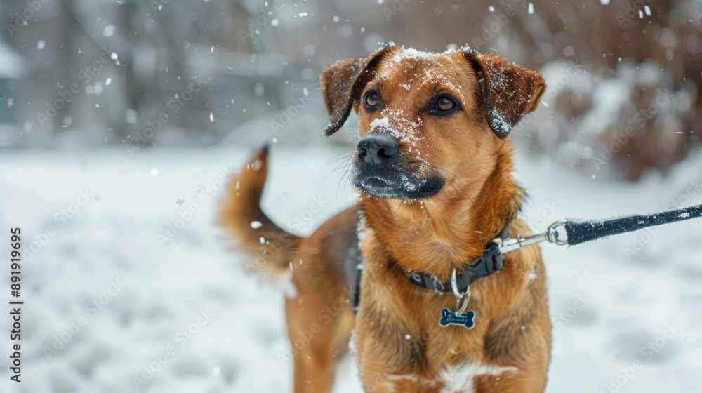 Poster Brown mixed breed canine on leash outside during winter