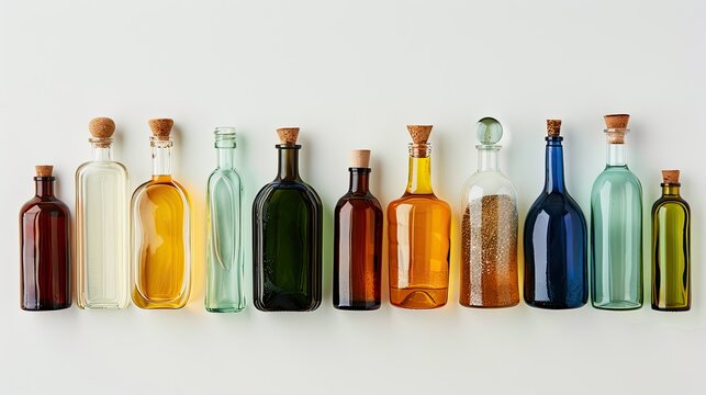 High-quality image of a variety of oil glass bottles, arranged on a white background