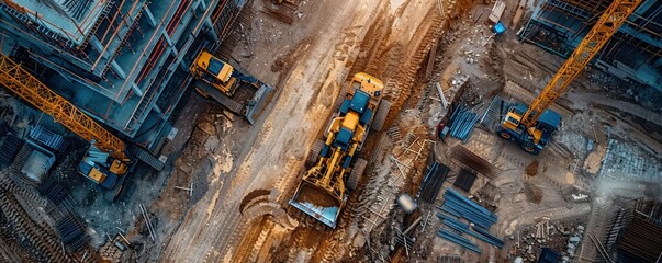 Aerial view of heavy machinery at a construction site, cranes and bulldozers in action, large-scale infrastructure project, powerful industrial equipment, building progress, copy space