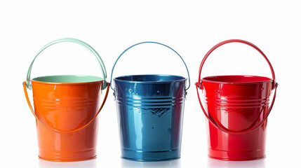 colorful metal buckets isolated on white background