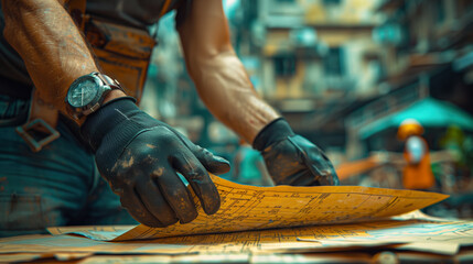A close-up shot of a worker, architect and engineer  hands wearing gloves work on real estate construction project. spreading out construction blueprints. 