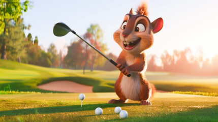 Adorable animated chipmunk character with golf club standing on a lush green golf course at sunrise looking excited and ready to take a swing at the ball