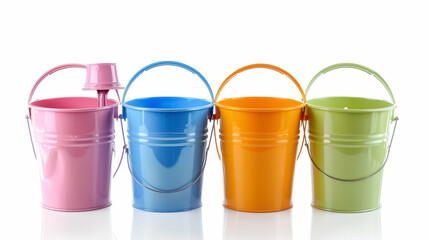 set of colorful metal buckets isolated on white background