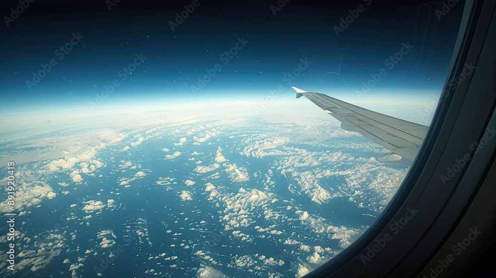 Poster plane wing and clouds visible through the window, with earth's curve seen from high altitude, captur