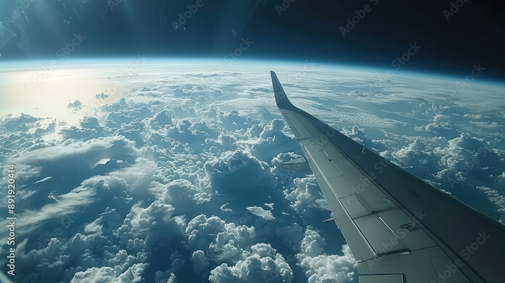 Poster plane wing and clouds visible through the window, with earth's curve seen from high altitude, captur