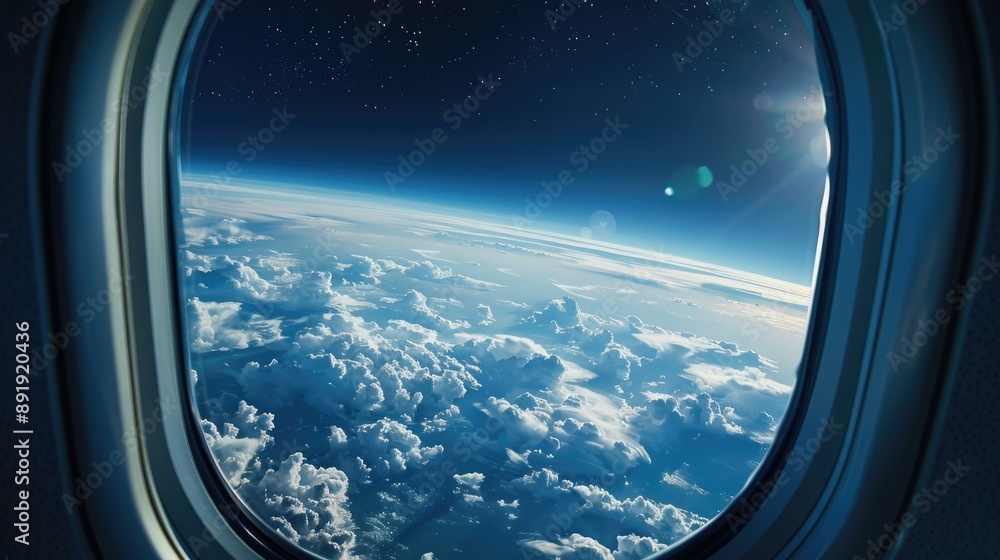 Poster plane wing through window with a view of clouds and the earth's curve, showcasing the high-altitude 