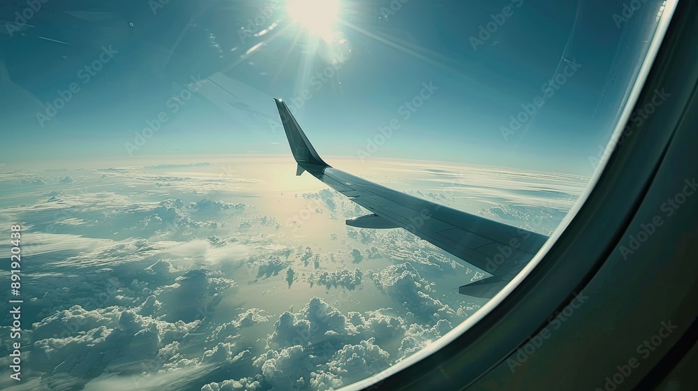 Poster plane wing visible from the window with clouds and earth's curve seen at a high altitude