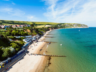 Swanage and Swanage Bay from a drone, Jurassic Coast, Dorset Coast, Poole, England