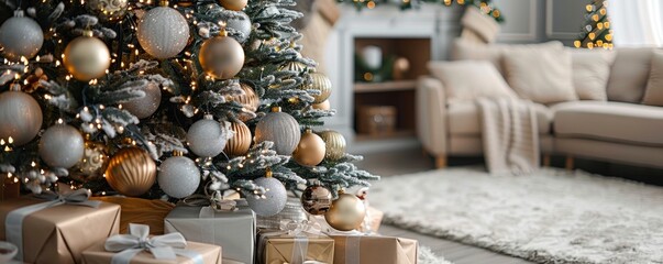 Modern living room featuring a beautifully decorated Christmas tree, silver and gold ornaments, holiday decorations, wrapped presents, cozy and inviting space, copy space