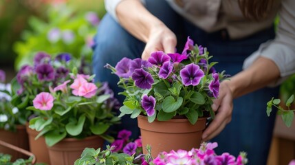 Woman planting petunias in pots during spring in the garden