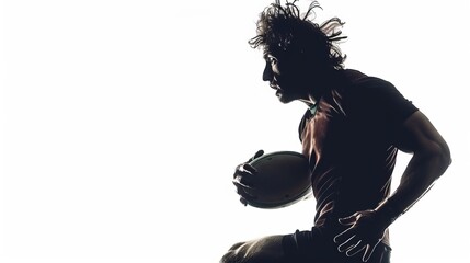 Dynamic silhouette of a male rugby player in motion, clutching the ball tightly, showcasing determination and athleticism against a white background.
