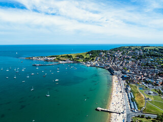 Swanage and Swanage Bay from a drone, Jurassic Coast, Dorset Coast, Poole, England