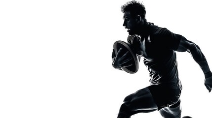 Silhouette of an intensely focused rugby player sprinting with the ball, exuding muscular power and athleticism, set against a stark, high-contrast background.